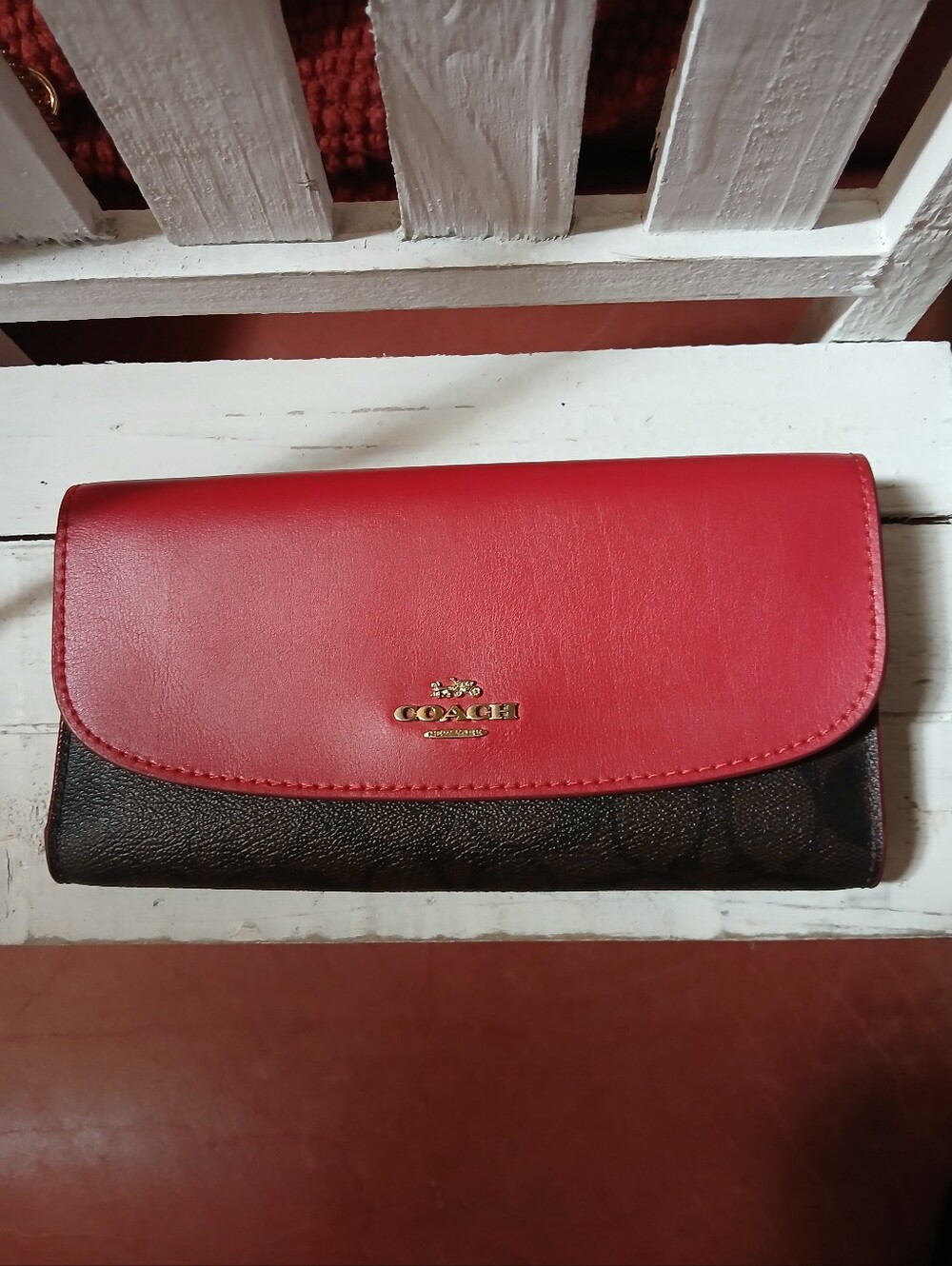 Coach Red Leather Flap Wallet with Brown Signature Body
